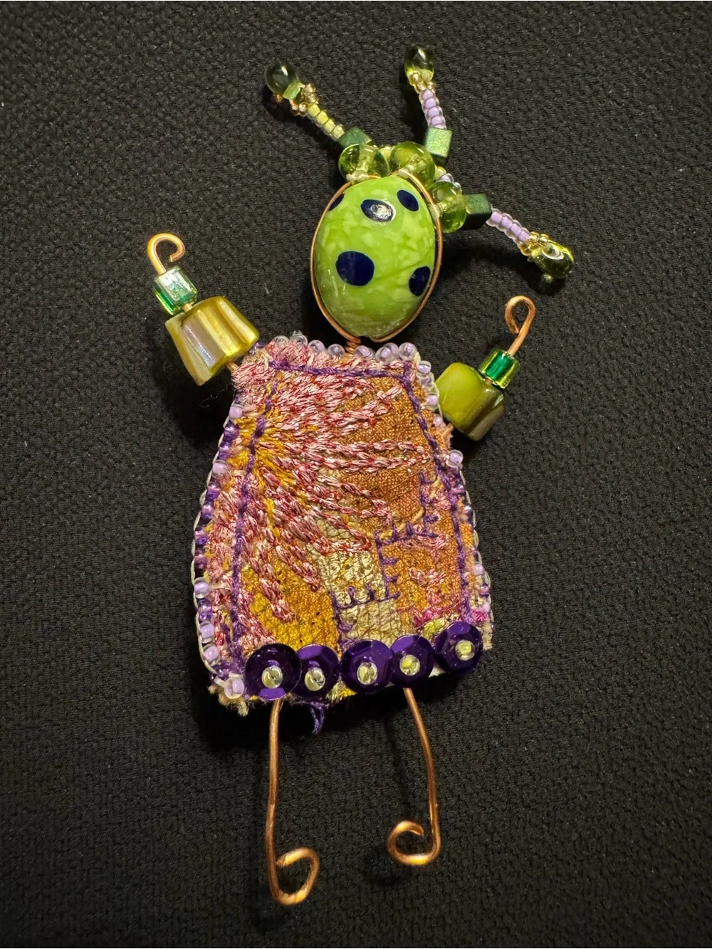 OOAK Artisan Mixed Media Doll Brooch Copper Wire Embroidered Textile